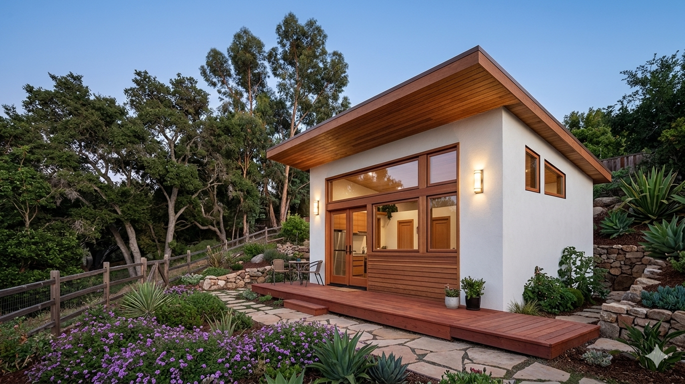 Modern ADU with wood ceiling, floor-to-ceiling windows, and deck surrounded by lush landscaping