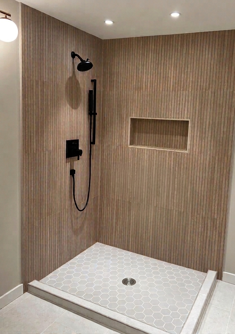 Spa-style shower remodel with wood-look tile walls, matte black fixtures, and hex mosaic floor