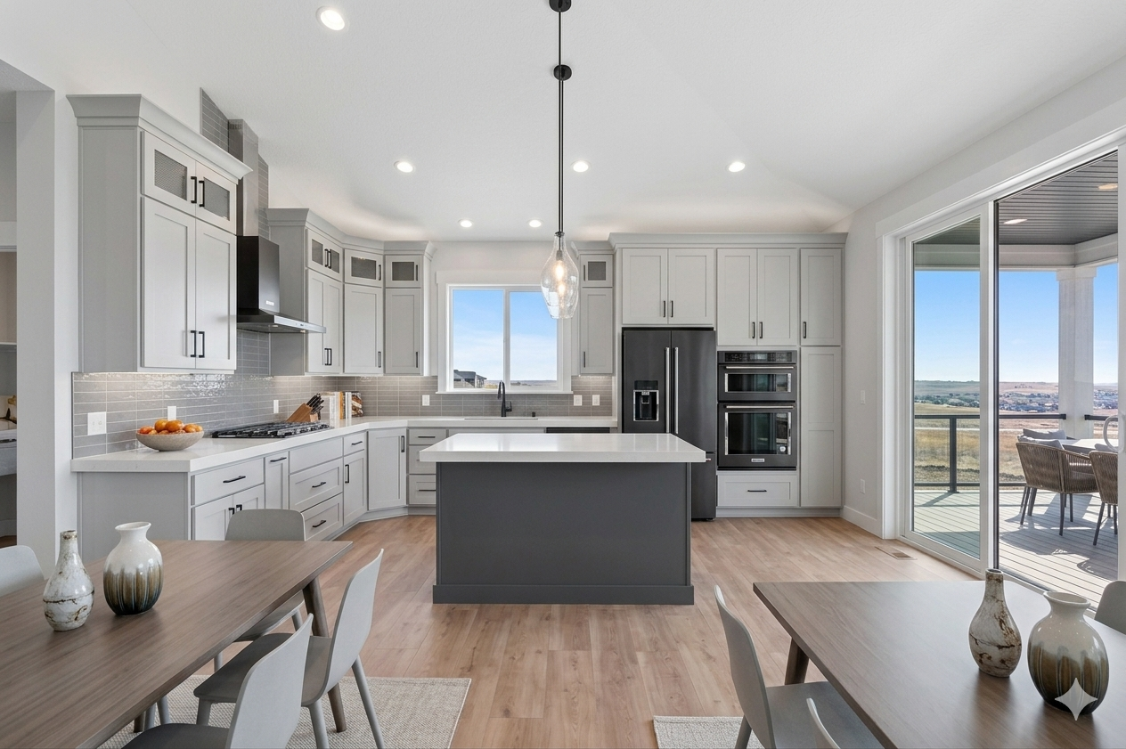 Spacious kitchen remodel with gray shaker cabinets, quartz island, and panoramic views