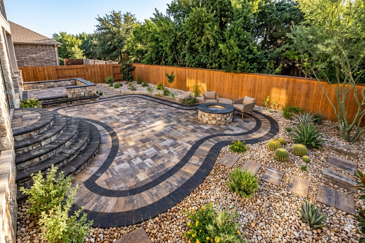 Curved paver patio with fire pit, desert landscaping, and stone seating wall in a private backyard